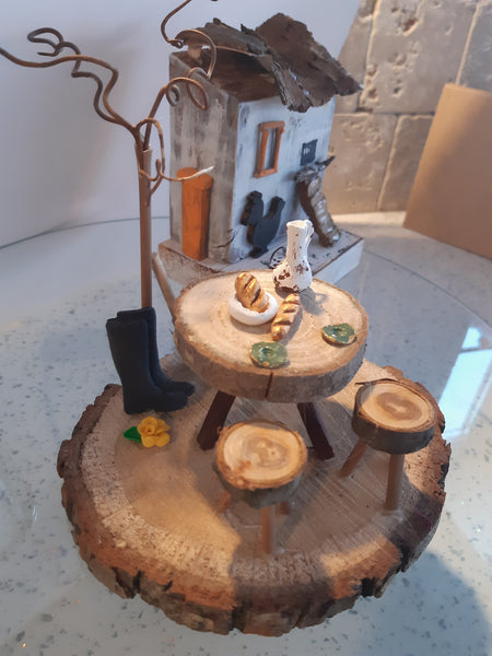 Rustic miniature table and chairs diorama