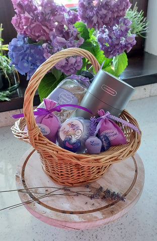 Lavender toiletries gift wood basket